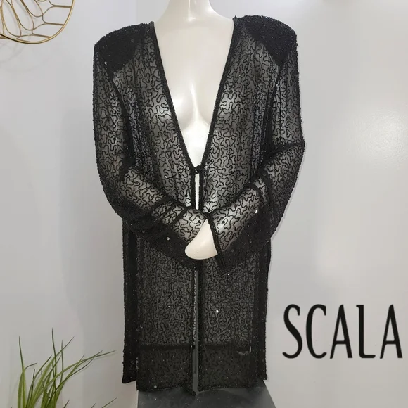 Scala Sweaters Scala Sheer Beaded Elegant Sparkle Duster Jacket Black See Mesurements For Size Poshmark